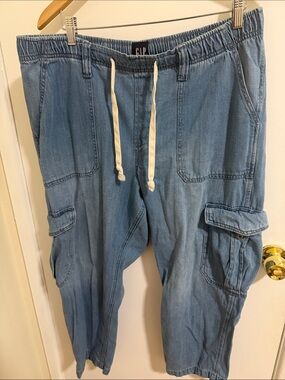 GAP Light Blue Denim Cargo Joggers with Drawstring Waist
